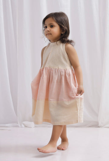 Yellow and Orange Striped Cotton Gathered Flare Dress